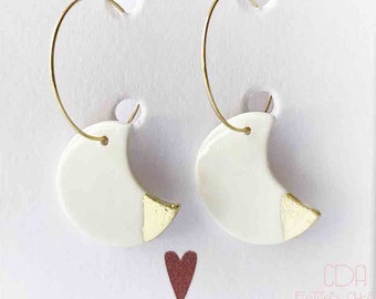 White and gold porcelain moon hoop earrings