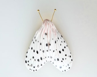 White and black moth porcelain brooch
