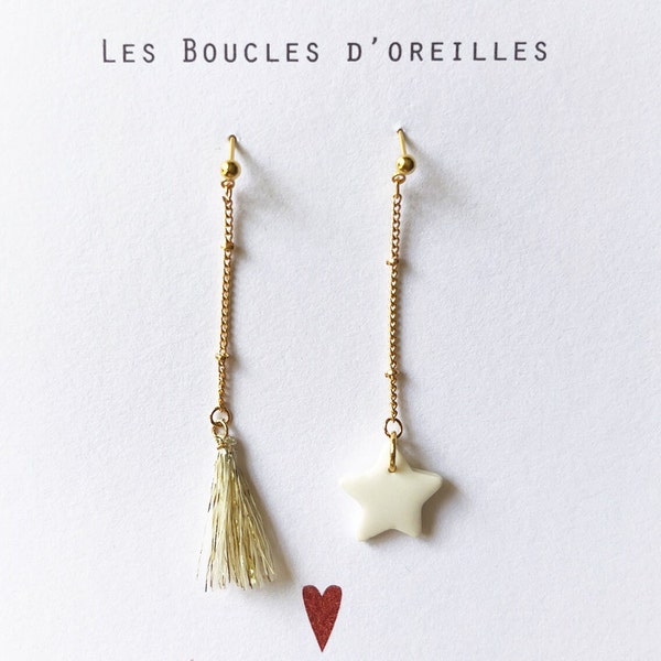 Boucles d'oreilles dépareillées clous et chaine étoile en porcelaine et pompon