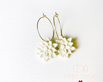 White porcelain dalhias hoop earrings
