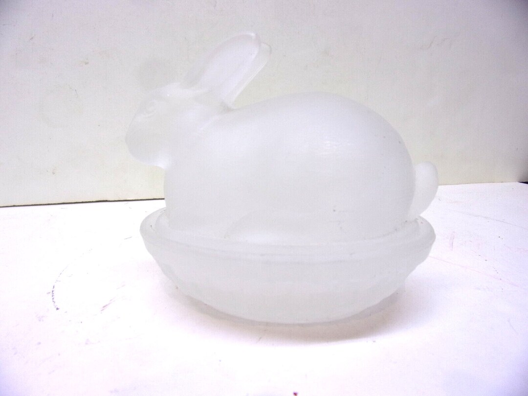 Easter Frosted Glass Rabbit on a Nest Candy Dish Etsy