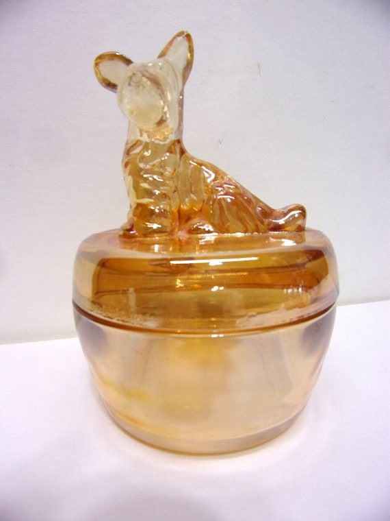 Marigold Carnival Glass Scotty Dog Powder Jar Gem