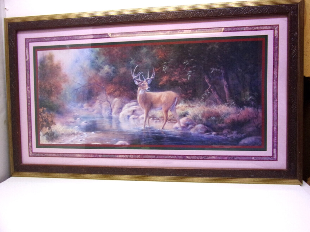 Home Interiors Homco Buck Stag Deer in Forest Framed Print 17 X 30 Wall