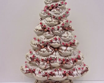 Unique 1980s Ceramic Christmas Tree Pink Roses Pink Ribbons and Pink Lights