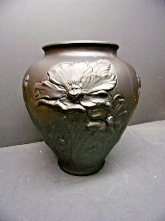 Large Tiffin Black Satin Art Glass Vase Poppy Decoration Etsy