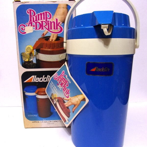 1970s NIB Aladdin Pump a Drink Thermos Coventry Blue 1/2 Gallon