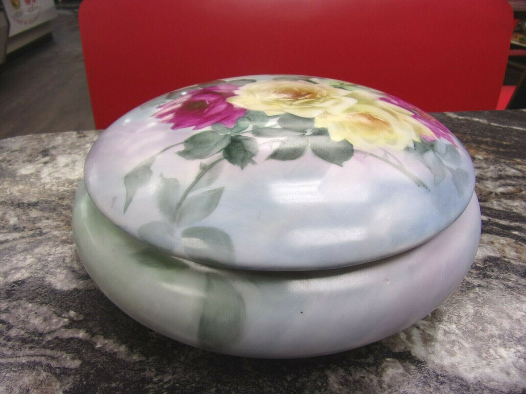 Large Limoges Artist Signed Rose Decorated Covered Bowl Etsy