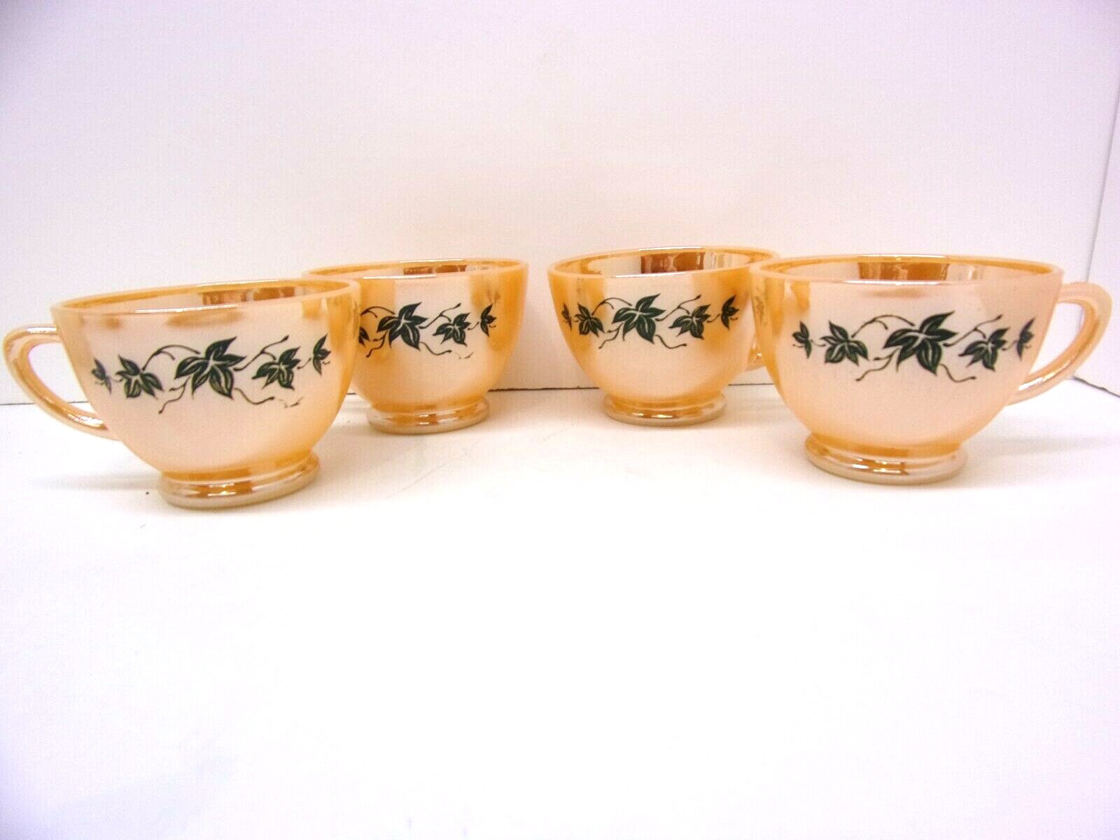 Four Vintage Anchor Hocking Lustre Peach With Green Ivy Glass Punchbowl