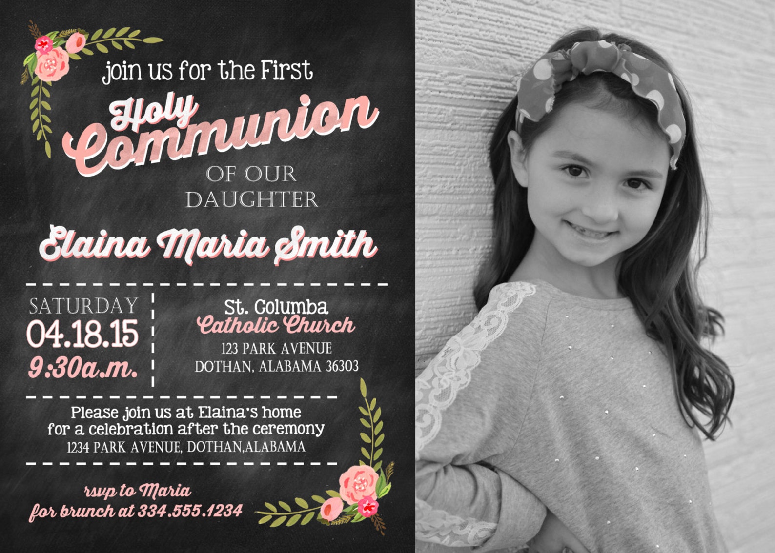 First Holy Communion Girl Invitation Floral Pink Baptism Etsy