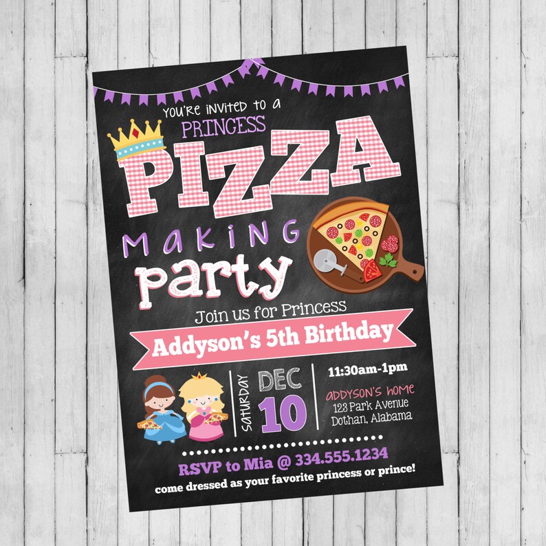 Pizza Party Invitation Princess Pizza Birthday Princess Etsy