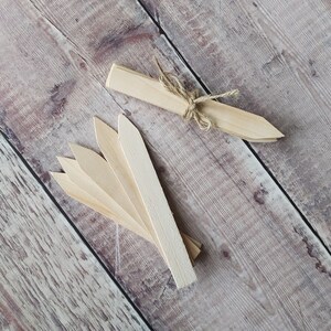 May include: A set of wooden plant markers, some tied together with twine, on a woodgrain background.