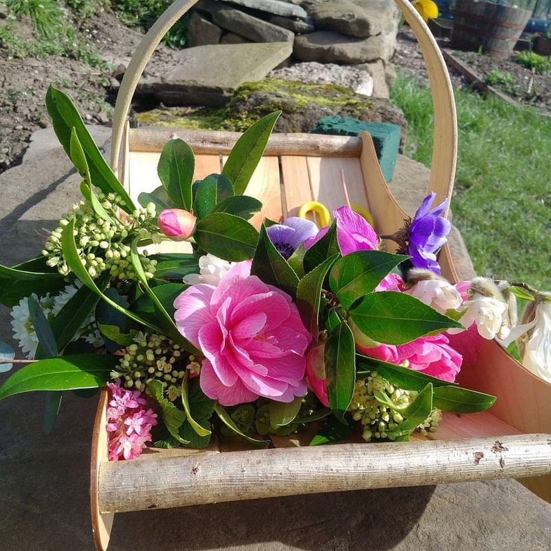 Flower gathering basket for her, garden trug basket for her, handmade garden basket for flowers, wood garden basket for home or garden image 4