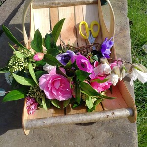 Flower gathering basket for her, garden trug basket for her, handmade garden basket for flowers, wood garden basket for home or garden image 1