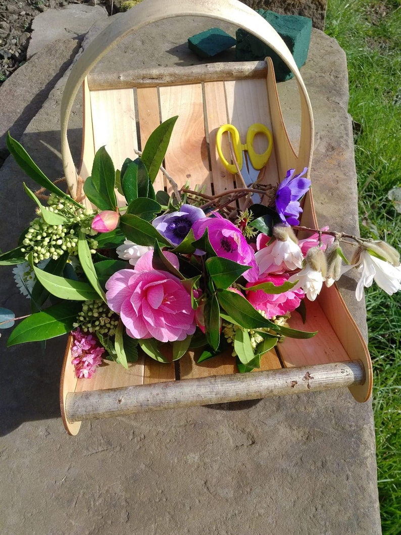 Flower gathering basket for her, garden trug basket for her, handmade garden basket for flowers, wood garden basket for home or garden image 1