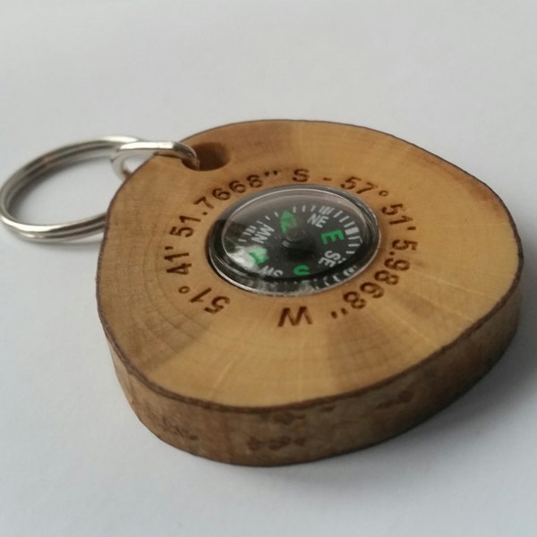 Personalised men adventure co ordinates wooden compass key rings handmade out of hazel, compass keychain, personalized gifts for dad
