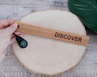 DISCOVER engraved real oak wood bookmark with compass - gift for forest school leader