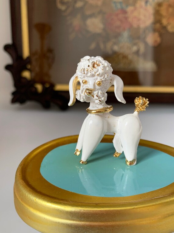 Vintage Poodle Pin Mid Century Gold and White Enamel French Poodle