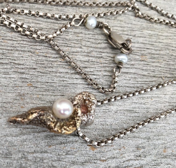 PMC Silver White Natural Pearl Orange Sapphire Necklace 24K gold Shahasp Valentine Organic Beautiful