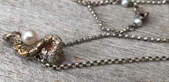 PMC Silver White Natural Pearl Orange Sapphire Necklace 24K gold Shahasp Valentine Organic Beautiful View 5