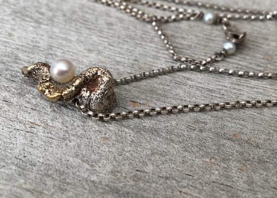 PMC Silver White Natural Pearl Orange Sapphire Necklace 24K gold Shahasp Valentine Organic Beautiful View 6
