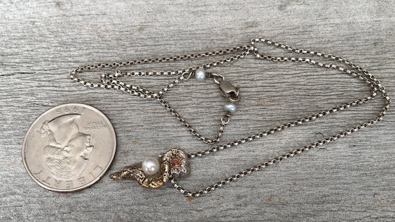 PMC Silver White Natural Pearl Orange Sapphire Necklace 24K gold Shahasp Valentine Organic Beautiful View 3