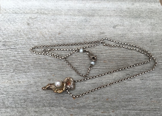 PMC Silver White Natural Pearl Orange Sapphire Necklace 24K gold Shahasp Valentine Organic Beautiful View 2