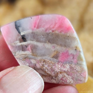 May include: A pink and white banded cabochon with brown and black inclusions. The cabochon is cut in a teardrop shape.