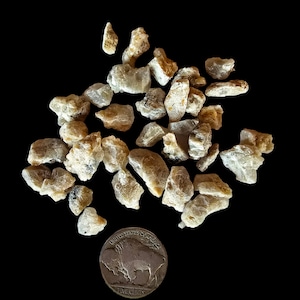 May include: A pile of small, light brown and white, translucent, rough-edged, natural stones. The stones are scattered on a black background. A silver US five-cent coin is included for scale.