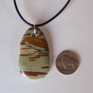 May include: A brown and beige stone pendant with a marbled pattern hangs from a black leather cord. The pendant is oval shaped and has a silver bail.