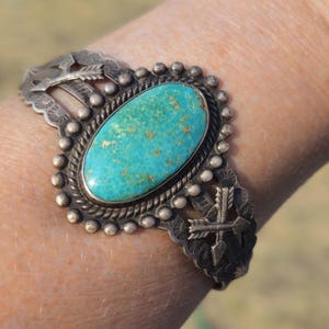 Turquoise 1930&#39;s Crossed Arrow&#39;s Sterling Navajo Bracelet