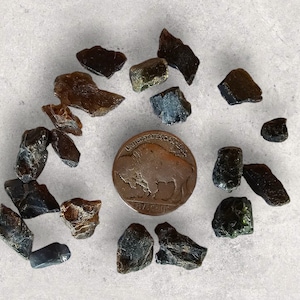 May include: A collection of dark green and brown gemstones, some with a metallic sheen, arranged in a circle around a US Buffalo nickel.