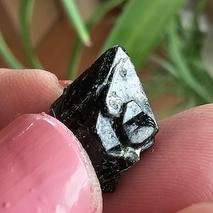 May include: A close-up of a black tourmaline crystal held between fingers. The crystal is a dark, opaque color with a slightly reflective surface. The crystal has a triangular shape with visible facets.