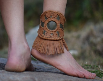 Festival leather leg bracelet, fringe leather leg cuff, fringe leather anklet, burning man jewelry