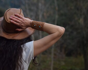 Boho leather cuff, Amazonite bracelet, one of a kind rustic cuff, handmade leather jewelry