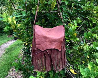 Fringe leather bag, Crossbody boho bag, rustic leather purse, hippie women handbag