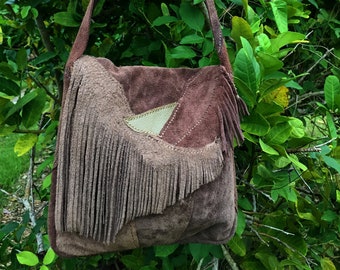 Suede leather purse, Brown leather bag for women, Fringe shoulder bag, Women boho handbag