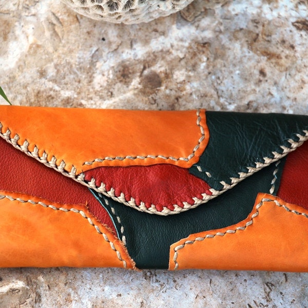 One of a kind, Hand stitched leather wallet for women, 3 colors leather purse, Reggae colors wallet, Native american style wallet