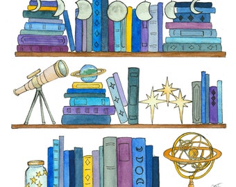 celestial bookshelf watercolor print, astronomy themed books, magical bookshelf, moon and stars, planets, academia, astrolabe painting