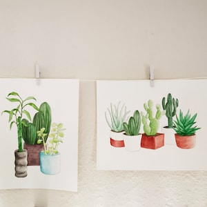 DIY kit, paint your own cactus and succulent line drawings, set of two plant templates for watercolor or markers, 8" x 10" painting sheets