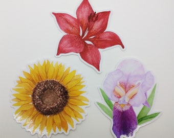 flower stickers, die cut 3" vinyl stickers of colorful blooms, adhesive decal, watercolor painted lily, sunflower, iris