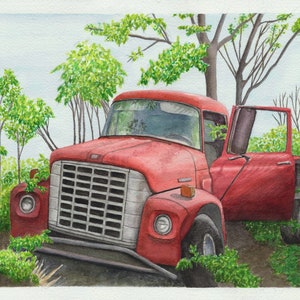 print of watercolor painting, red truck reclaimed by nature, abandoned truck landscape, old truck in the woods