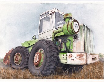 Tractor watercolor painting, old abandoned front end loader, farm equipment, rustic fine art print