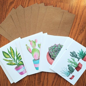 cactus succulent plants botanical illustration note cards, greeting card pack, eight blank cards (4 different designs), 8 envelopes included