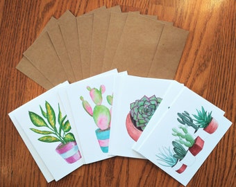 cactus succulent plants botanical illustration note cards, greeting card pack, eight blank cards (4 different designs), 8 envelopes included