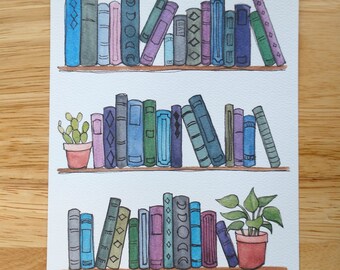 watercolor bookshelf print, colorful books and plants, pretty books in rows