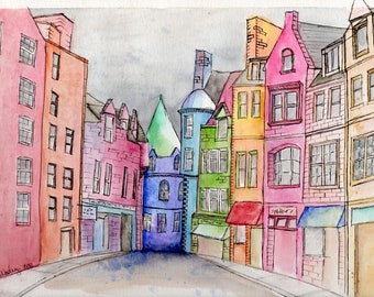 print of watercolor painting, urban sketch of Edinburgh, Scotland, bright and colorful cityscape