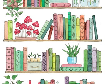 botanical bookshelf watercolor print, herbology inspired books, magical bookshelf, plants and gardening, academia, painting