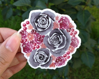 flower sticker, die cut 3" vinyl sticker of black roses, adhesive decal, watercolor bouquet, fall colors