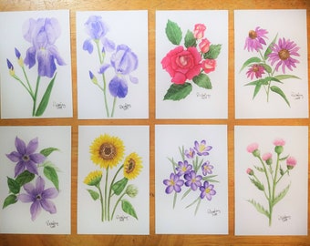 4" x 6" watercolor flower print, floral botanical illustrations, rose, iris, sunflower, crocus, clematis, cone flower, thistle