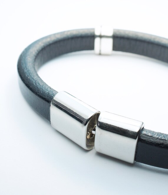 Black Leather Bracelet with Silver Accents and Silver Closure . For Him . Ready To Ship